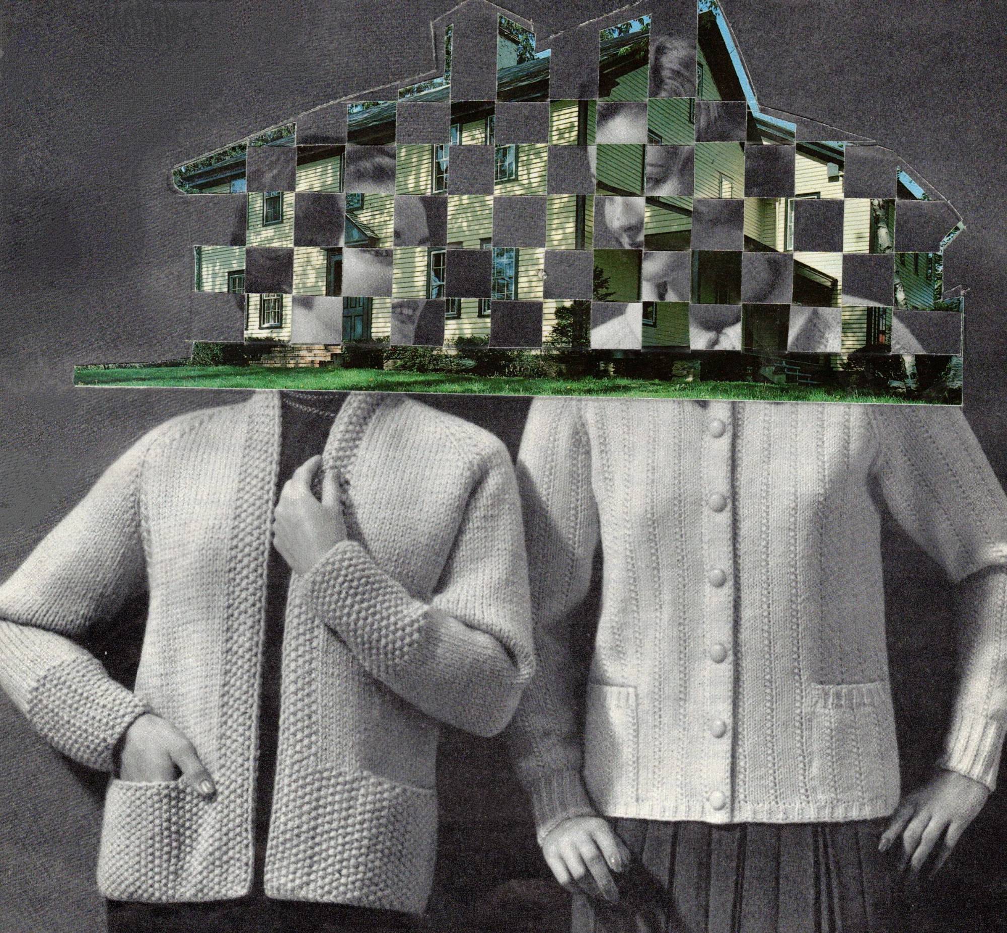Woven collage of two people with a house superimposed over their heads